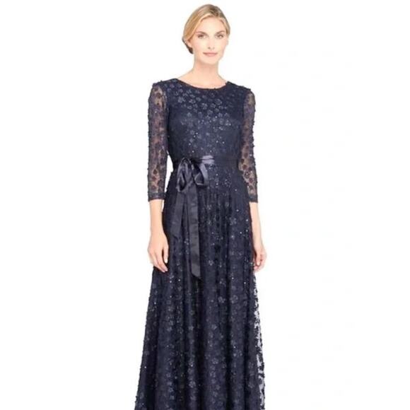 Tahari Dresses & Skirts - Tahari Floral Appliqué Sequin Three Quarter Sleeve Maxi Dress Size 12 Navy